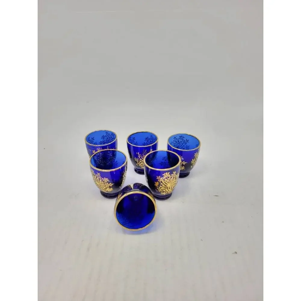Vintage Cobalt Blue Glass Decanter Set Gold Floral Cordial Liqueur Shot Glasses